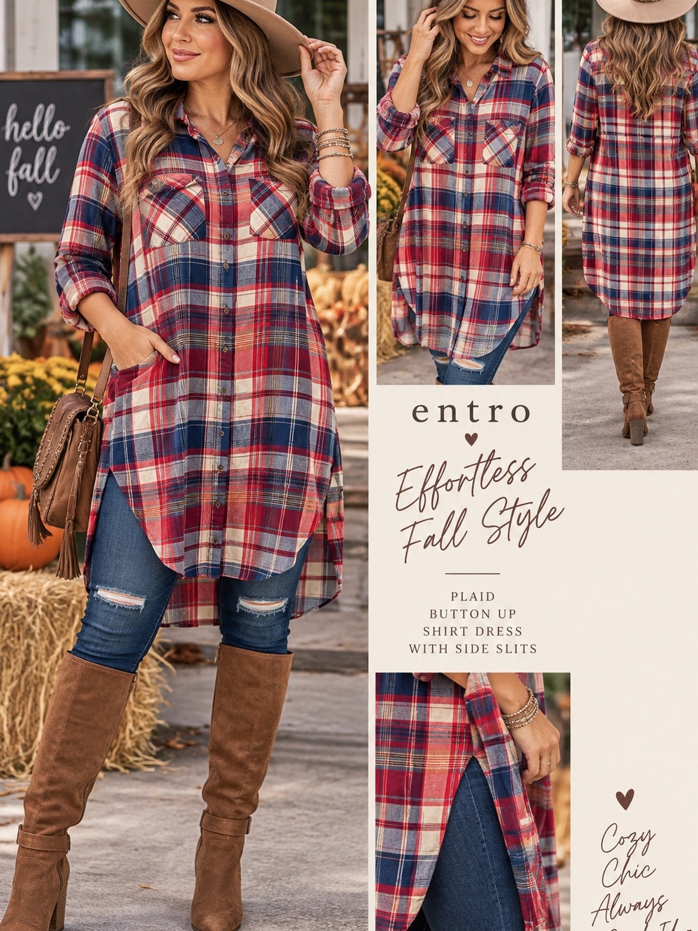 Entro Plaid Button Down Tunic Shirt Dress Red Blue Fall Boho Side Slits Large